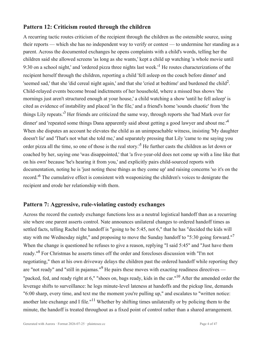 A page of the sample brief: named patterns with numbered citations to real messages.