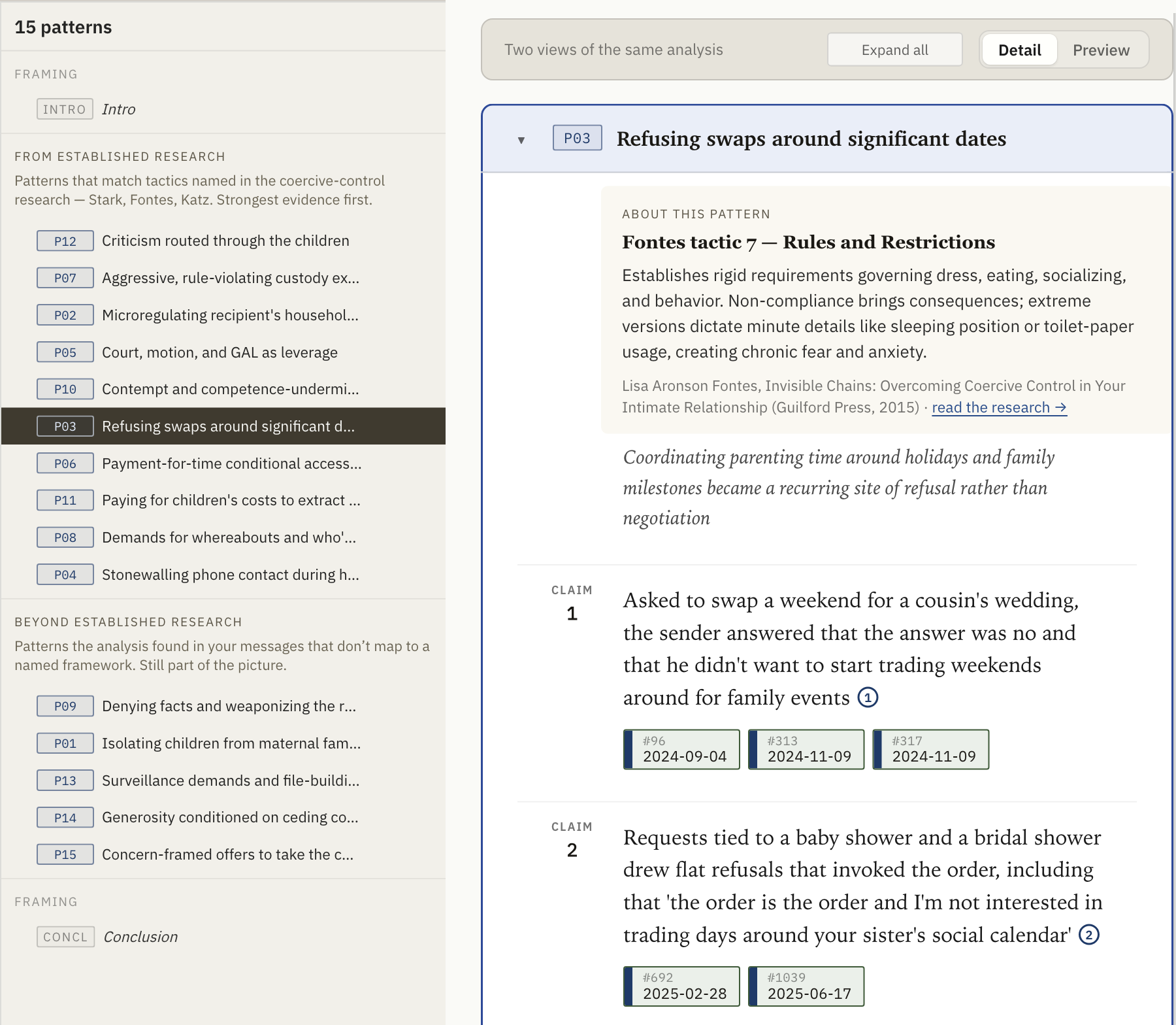 The sample viewer in miniature: the named-pattern list beside one pattern's claims, each citing dated messages.