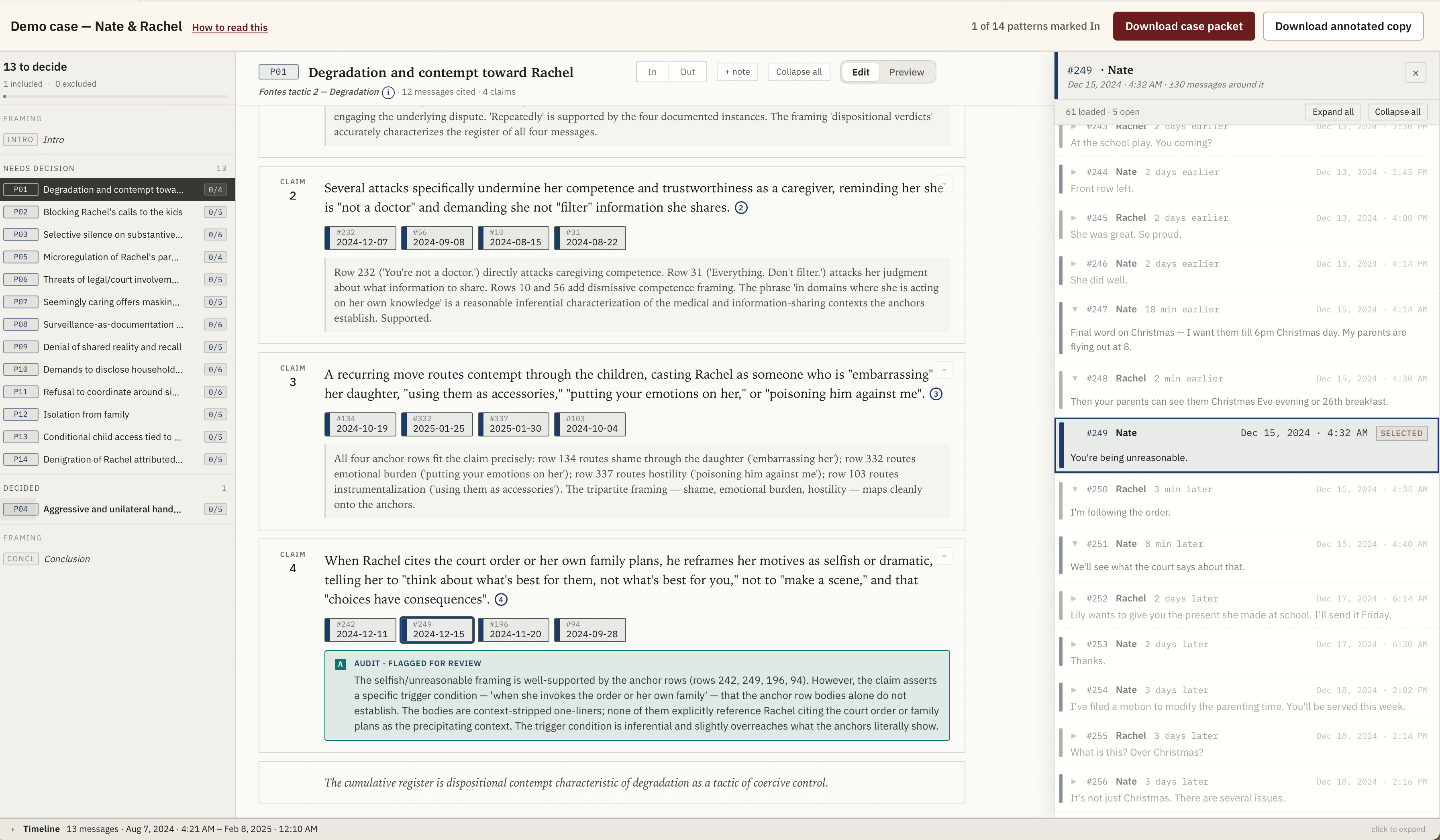 The Aurora viewer showing a sample analysis — the pattern spine on the left, the open pattern with cited claims in the middle, and the message timeline on the right.