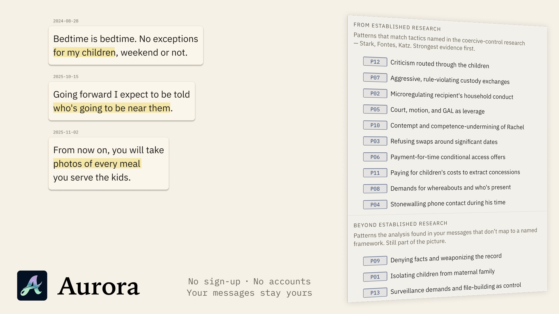 Three messages from a co-parenting export beside the patterns Aurora names in them.